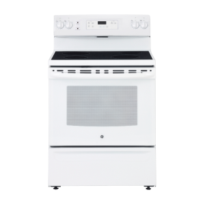Cuisinière électrique 30″ GE avec four de 5 pi³ et tiroir de rangement QuickClean™ blanche