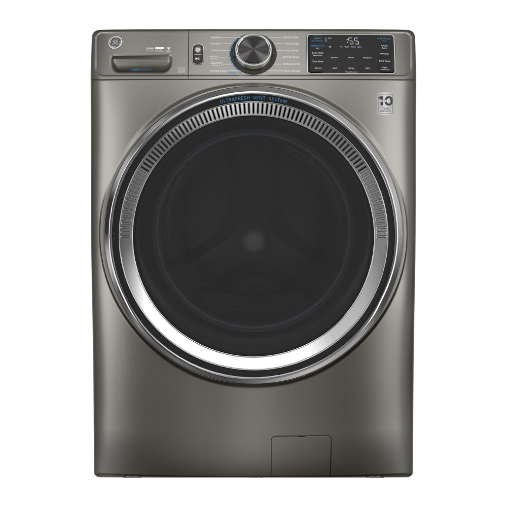 GE 5.8 Cu. Ft. 28″ Wide Front Load Washer with PowerSteam™ Satin Nickel