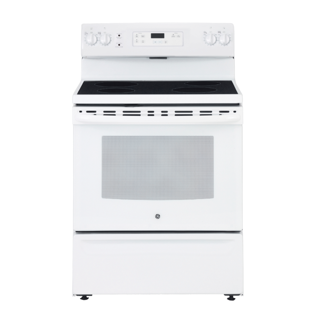 Cuisinière électrique 30″ GE avec four de 5 pi³ et tiroir de rangement QuickClean™ blanche