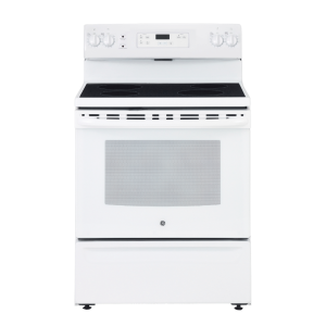 Cuisinière électrique 30″ GE avec four de 5 pi³ et tiroir de rangement QuickClean™ blanche