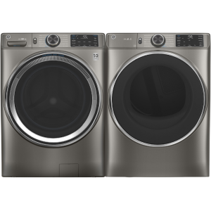 GE 28″ Wide Front Load Washer & Dryer Set Satin Nickel